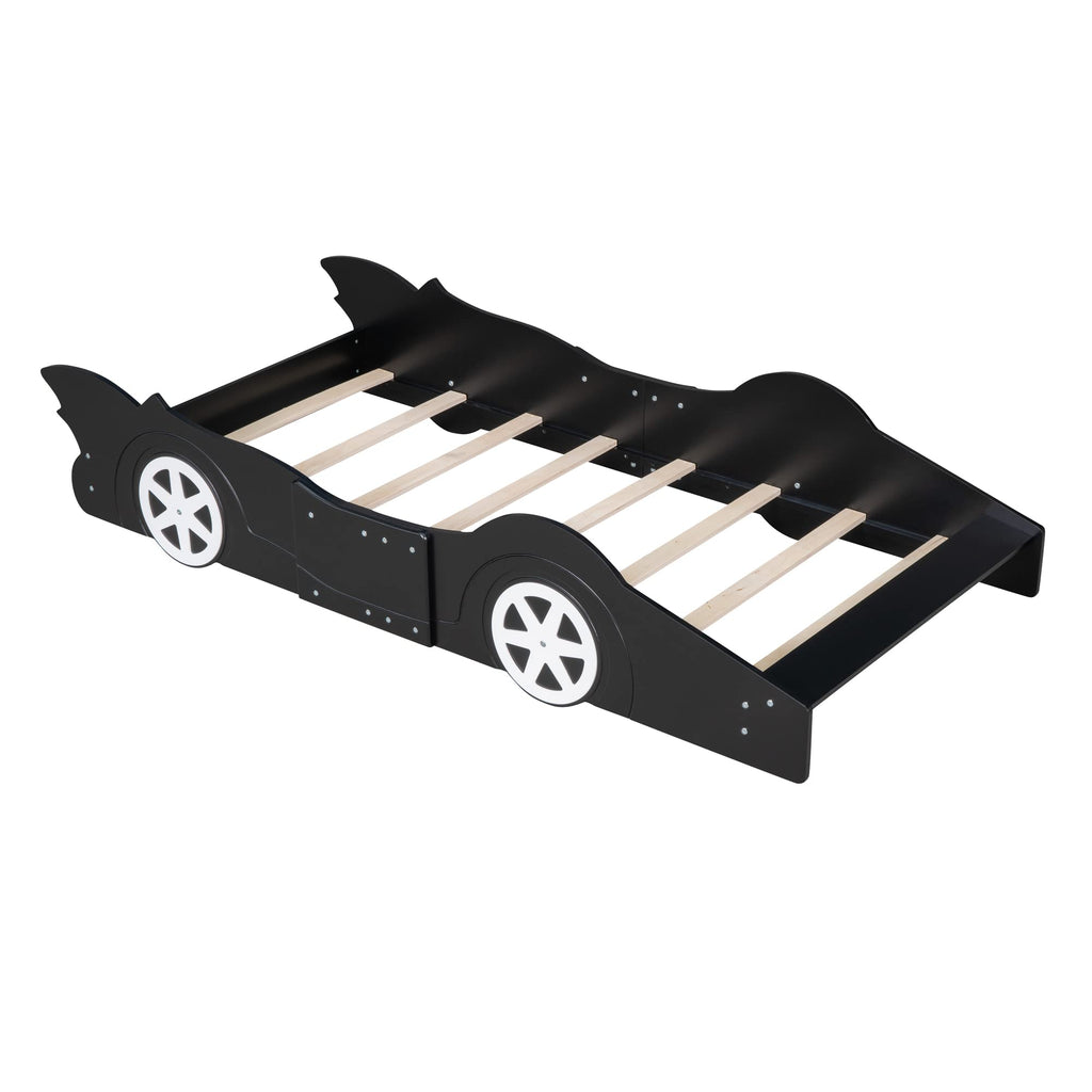 Harper & Bright Designs Twin-Size Plattformbett in Rennwagenform mit Rollen, Holzrahmen mit Stützlatten, Twin-Bodenbett für Kinder Jungen Mädchen Jugendliche, Schwarz