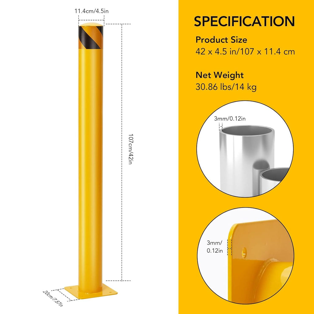 Safety Bollard 4 Packs, 42 Inch Height Steel Bollard Post for Parking Lot, 4.5 Inch Diameter Pipe, Yellow Safety Bollard Post with 16 Anchor Bolts, Ideal for Traffic-Sensitive Areas, Driveway Barrier