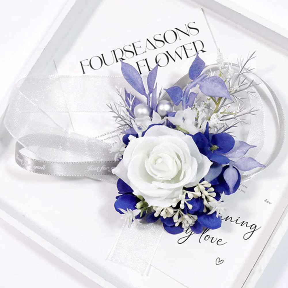 MAFELOE Wrist Corsage and Boutonniere Set for Prom Homecoming Wedding Party Celebration Artificial Flowers Accessories Suit Decor 2 Pieces - White+Navy Blue