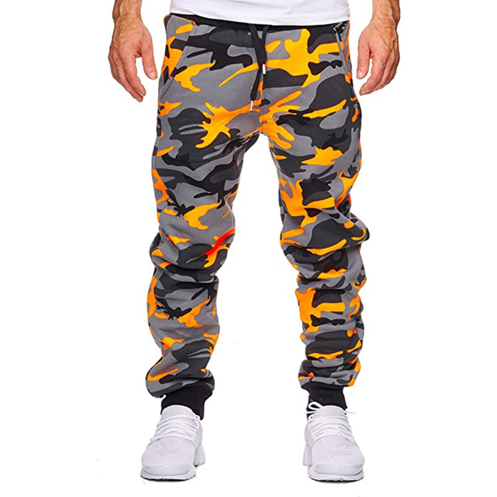 GOFULY Mens Cargo Pants Baggy Camo Print Fashion Drawstring Ripstop Stretch Mens Sweatpants Tall Pockets Graphic Work Pants for Men Big and Tall Plus Size Hiking Pants Men Slim Orange L