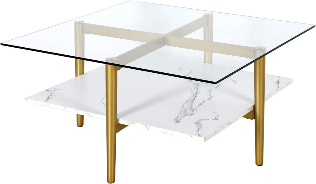 Otto 32" Wide Square Coffee Table with Faux Marble Shelf in Brass