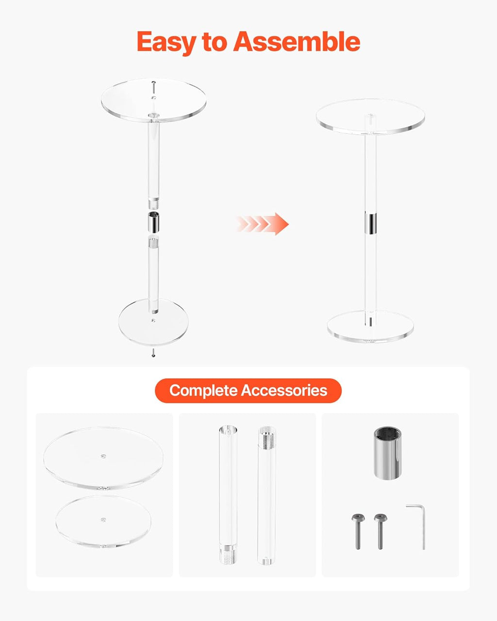 VEVOR Acrylic Drink Table, Clear End Table Round Top with Solid Post, Modern Acrylic Cake Table Stand, Transparent Side Desk for Coffee, Drink, Food, Snack, Easy Assembly, 10 x 10 x 21.3 in (Clear)