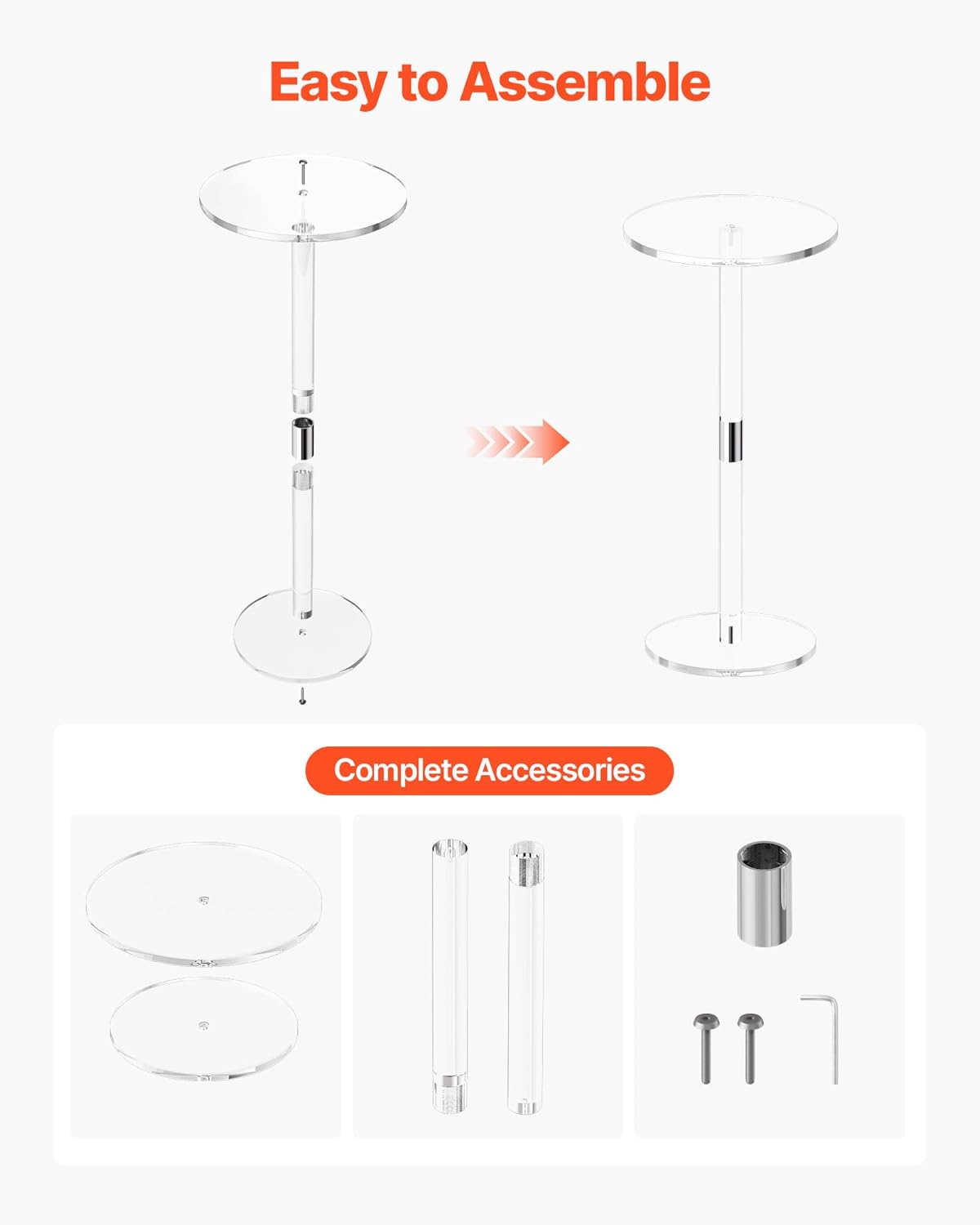 VEVOR Acrylic Drink Table, Clear End Table Round Top with Solid Post, Modern Acrylic Cake Table Stand, Transparent Side Desk for Coffee, Drink, Food, Snack, Easy Assembly, 10 x 10 x 21.3 in (Clear)