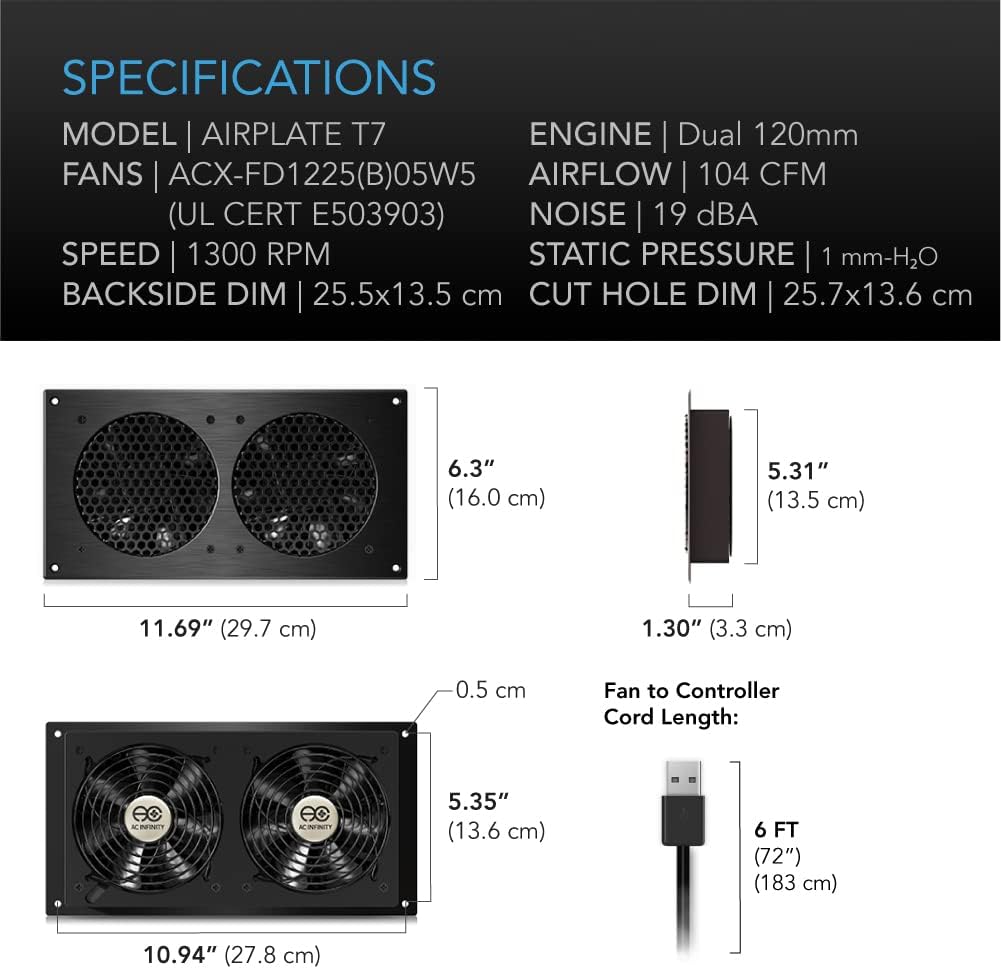 AC Infinity AIRPLATE T7, Quiet Cooling Fan System 12" with Thermostat Control, for Home Theater AV Cabinets