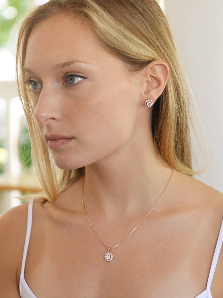 Mariell Bridal Wedding Necklace Set, Cubic Zirconia Pendant Necklace and Earrings Set, Rose Gold Jewelry