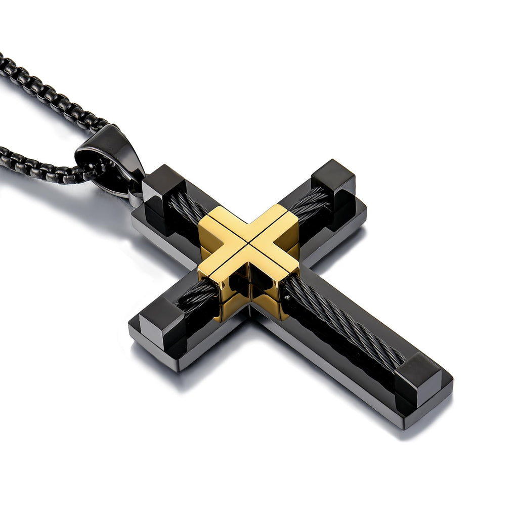 YL Men's Cross Necklace 316L Stainless Steel Large Jesus Christ Pendant Jewelry Rolo Chain for 24''