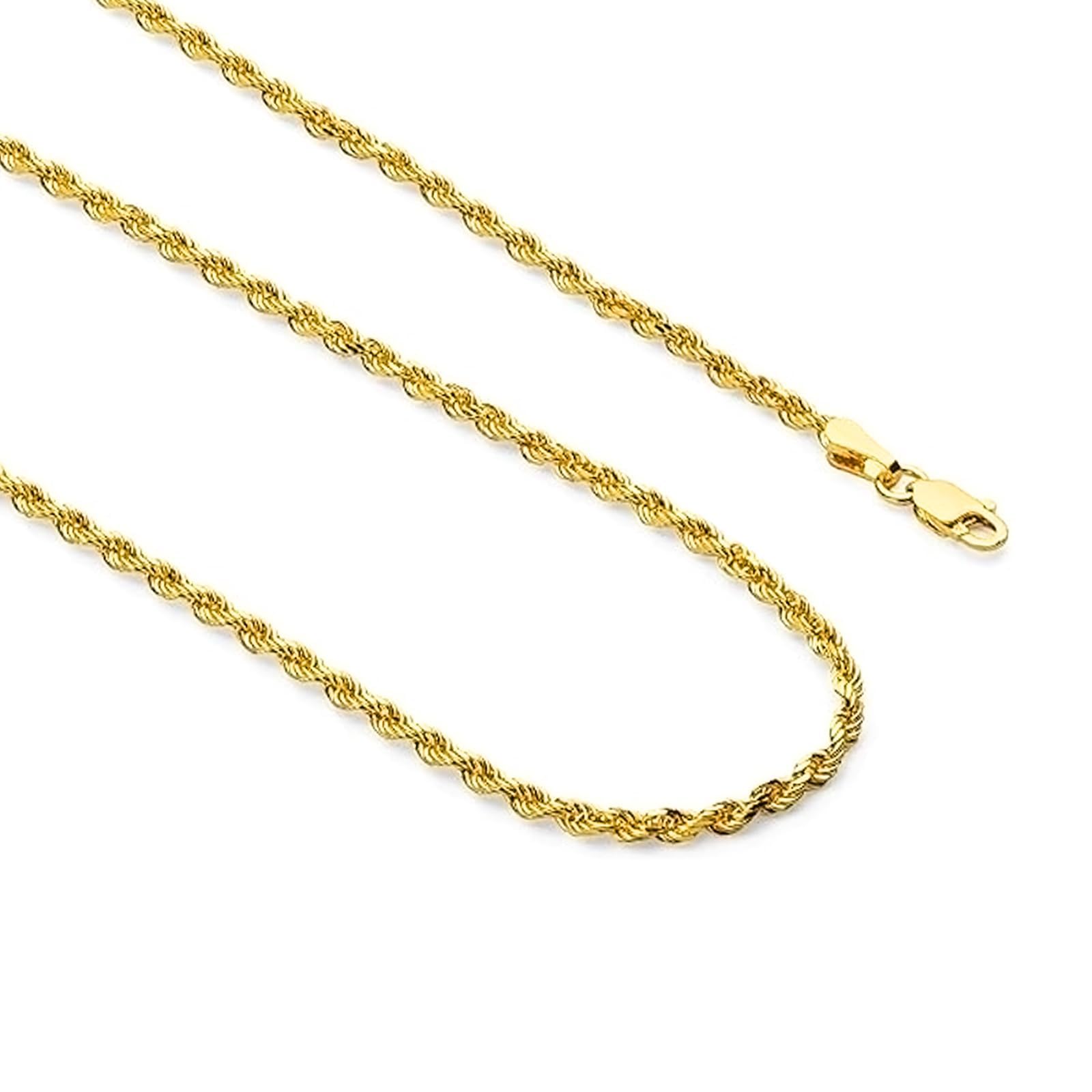 DIFINES Corrente de Corda de 3mm com Corte Diamante em Ouro Amarelo Maciço 14k Real com Fecho Lagosta, Presentes Ideais para Mulheres ou Homens - 16"
