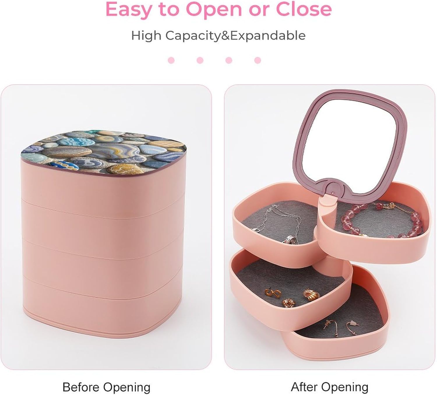 Jewelry Organizers Petoskey Stone Rotatable Jewelry Boxes 4-Layer Earring Holder for Women Travel Jewelry Case Organizer Tray for Rings Bracelets Necklaces Earrings Gifts