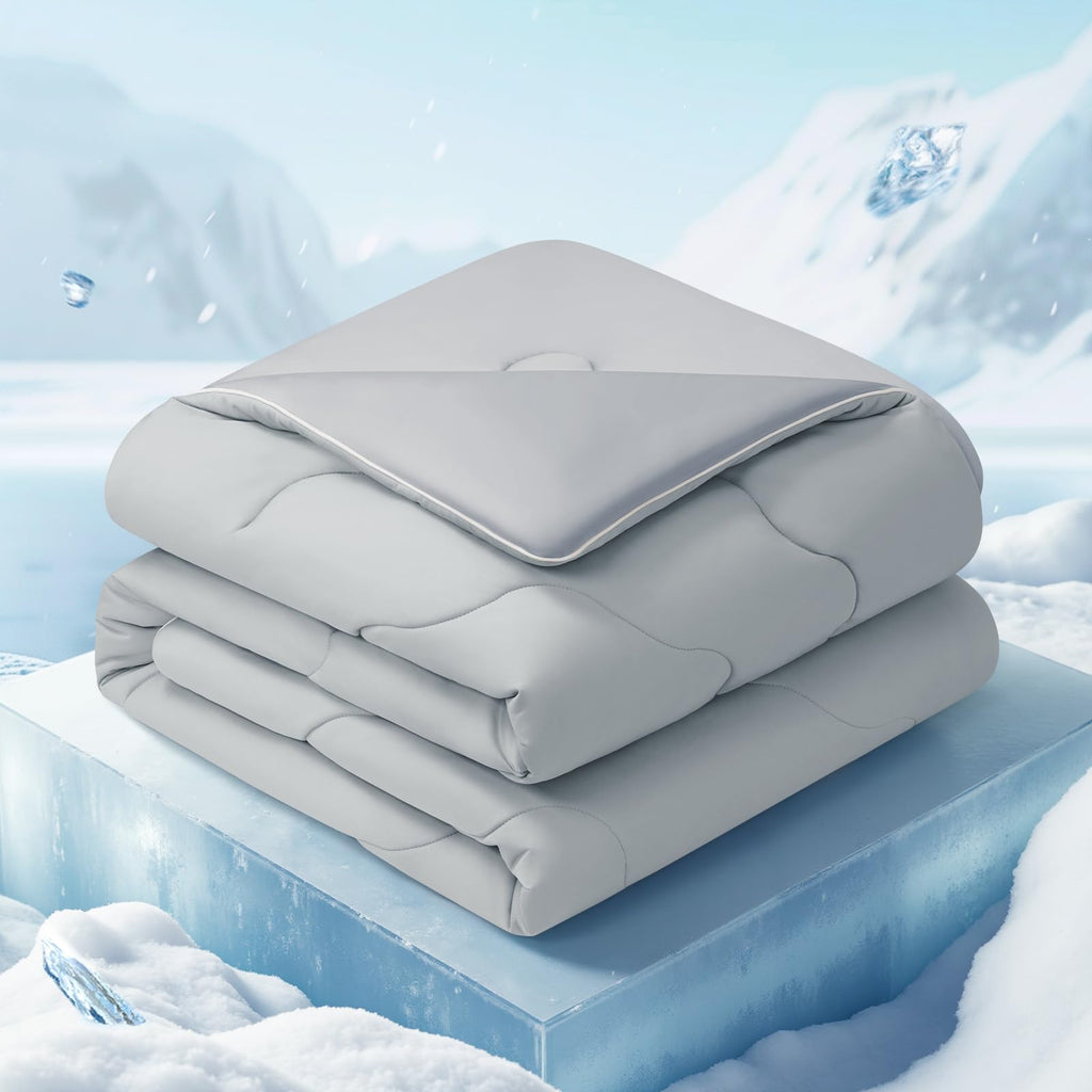 EASELAND Cooling Comforter Queen, Cold Touch Fabric Absorbs Body Heat, Double-Sided Cool Design Soft Fluffy Cooling Blanket for Night Sweats Hot Sleeper(Grey, Queen(90"x90"))