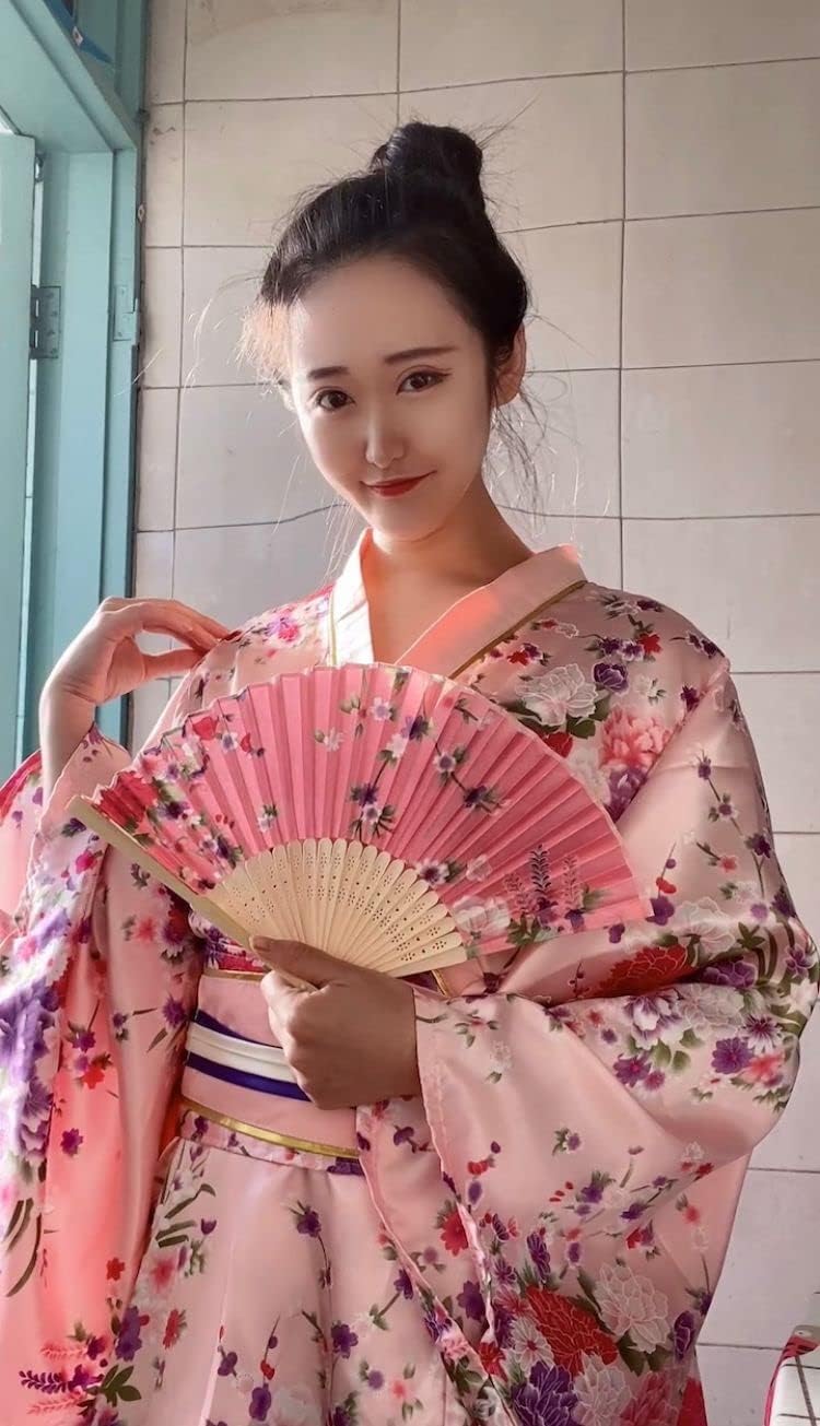 Japanese Anime Women's Dance Kimono Robe Fancy Dress Hand Held Silk Folding Fans Tabi Hairstick Socks Set