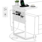 Vagusicc C Shaped End Table with Charging Station, 28" Tall Side Table for Couch, Sofa Table Small Couch Side Coffee Tables, Slide Under Sofa TV Tray Arm C Table for Living Room, Bedroom, Bedside