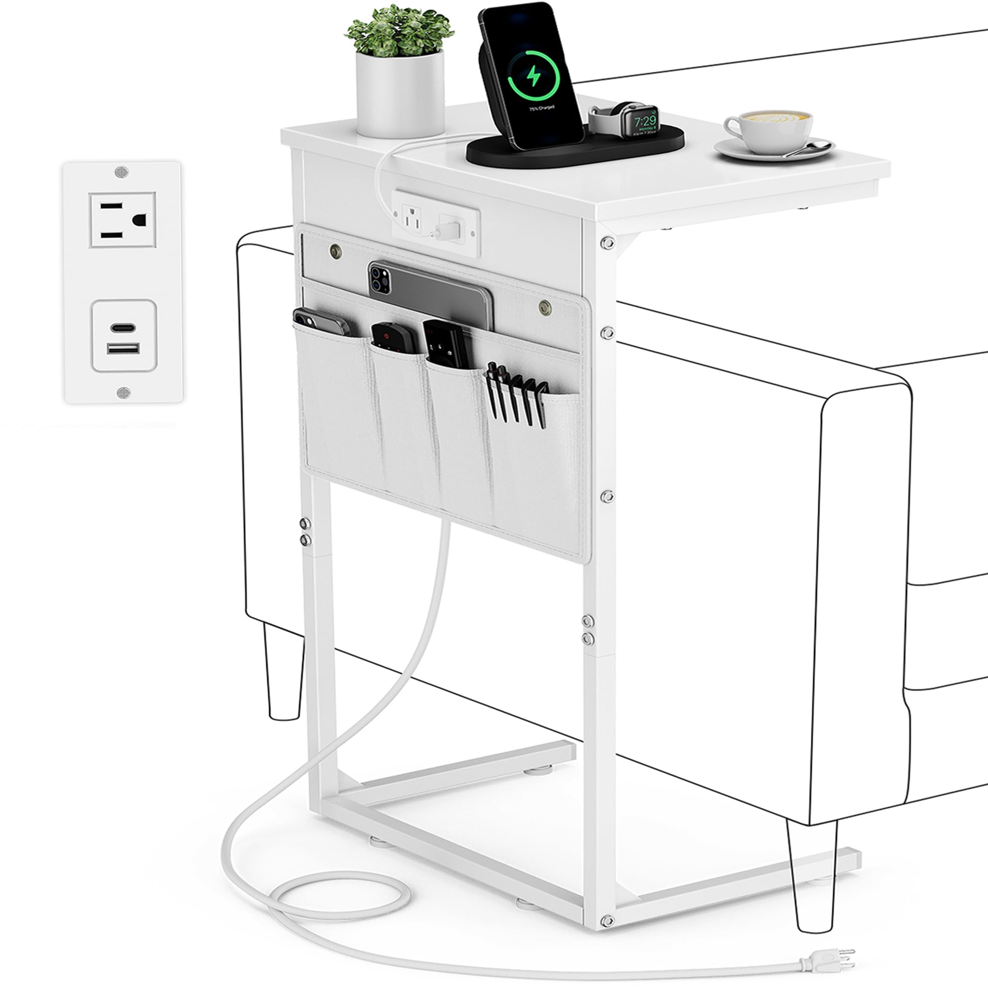 Vagusicc C Shaped End Table with Charging Station, 28" Tall Side Table for Couch, Sofa Table Small Couch Side Coffee Tables, Slide Under Sofa TV Tray Arm C Table for Living Room, Bedroom, Bedside