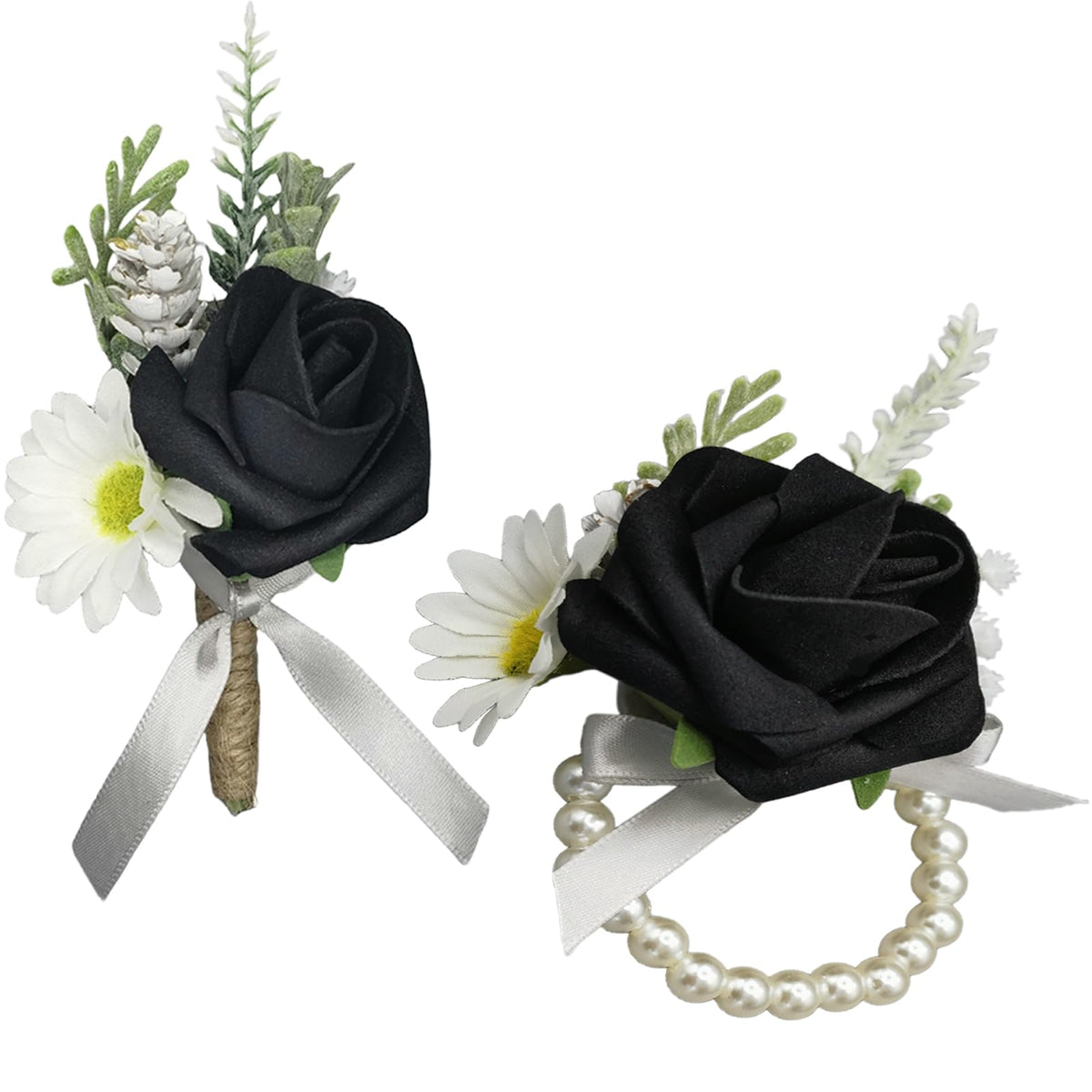 Corsage and Boutonniere Set Artificial Flower Wrist Corsage and Boutonniere for Men Groom Groomsmen Bride Bridesmaids,Wedding Prom Suit Decorations (1, Black)