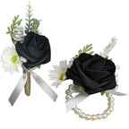 Corsage and Boutonniere Set Artificial Flower Wrist Corsage and Boutonniere for Men Groom Groomsmen Bride Bridesmaids,Wedding Prom Suit Decorations (1, Black)