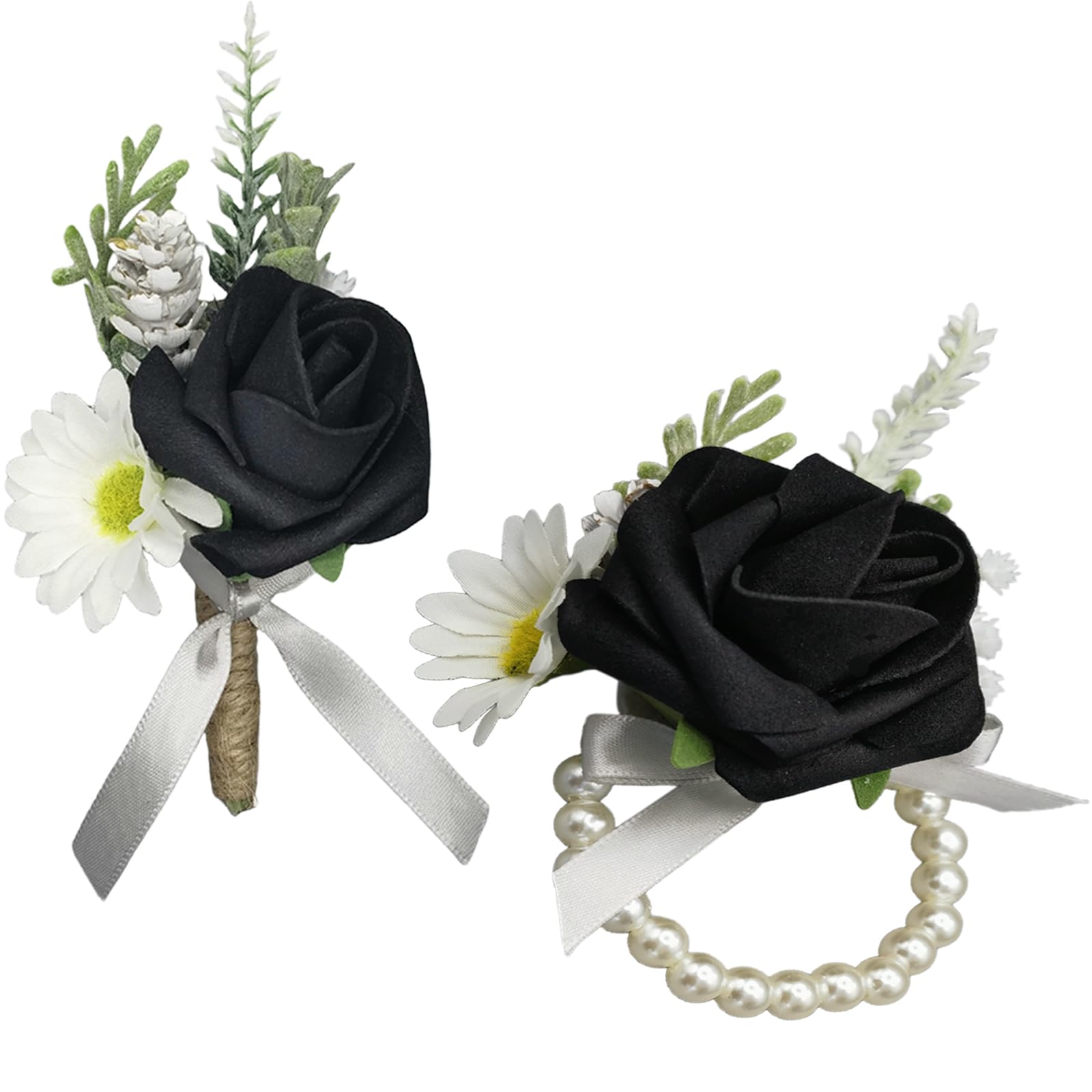 Corsage and Boutonniere Set Artificial Flower Wrist Corsage and Boutonniere for Men Groom Groomsmen Bride Bridesmaids,Wedding Prom Suit Decorations (1, Black)