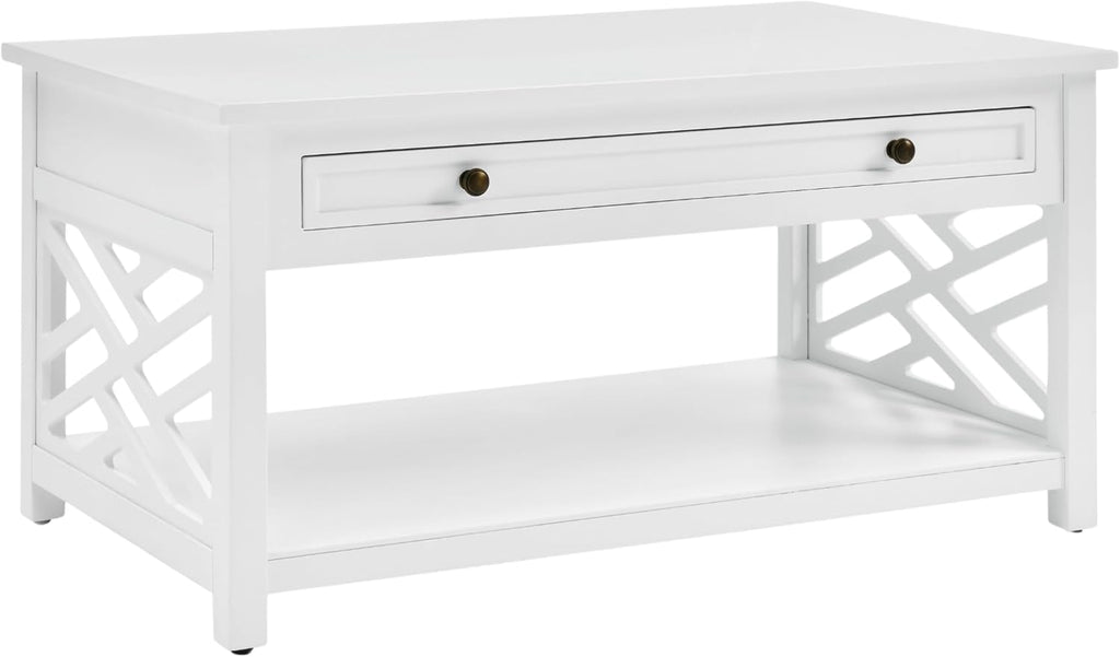 Coventry 36-Inch White Wood Coffee Table with Drawer & Open Shelf – Modern Accent Furniture for Living Room Storage & Décor by Alaterre Furniture