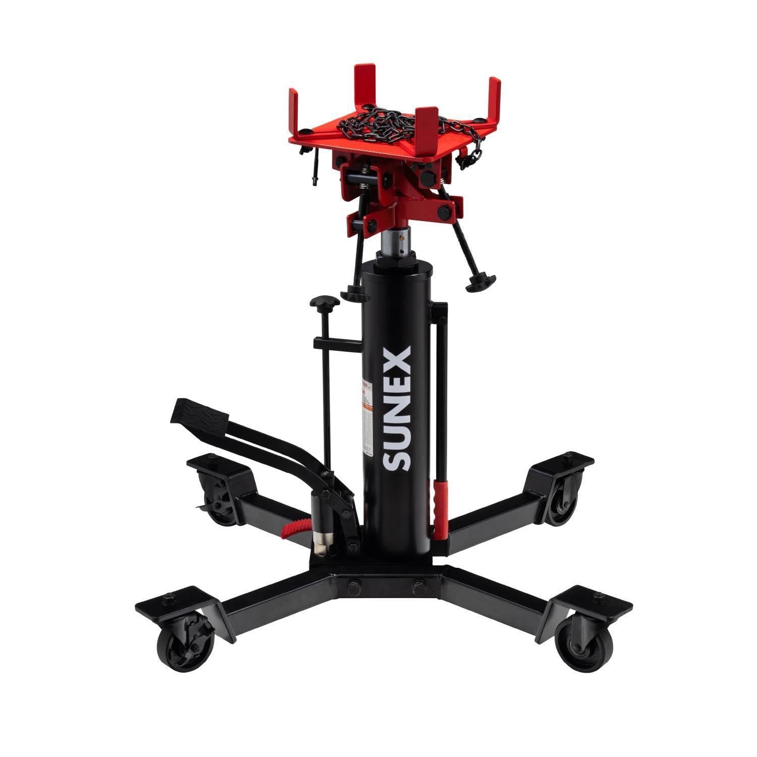 Sunex Tools 7796 1,000 lb Telescopic Transmission Jack, Air/Hydraulic, Foot & Hand Pump, Adjustable Saddle Arms, 73.5 in Max Height