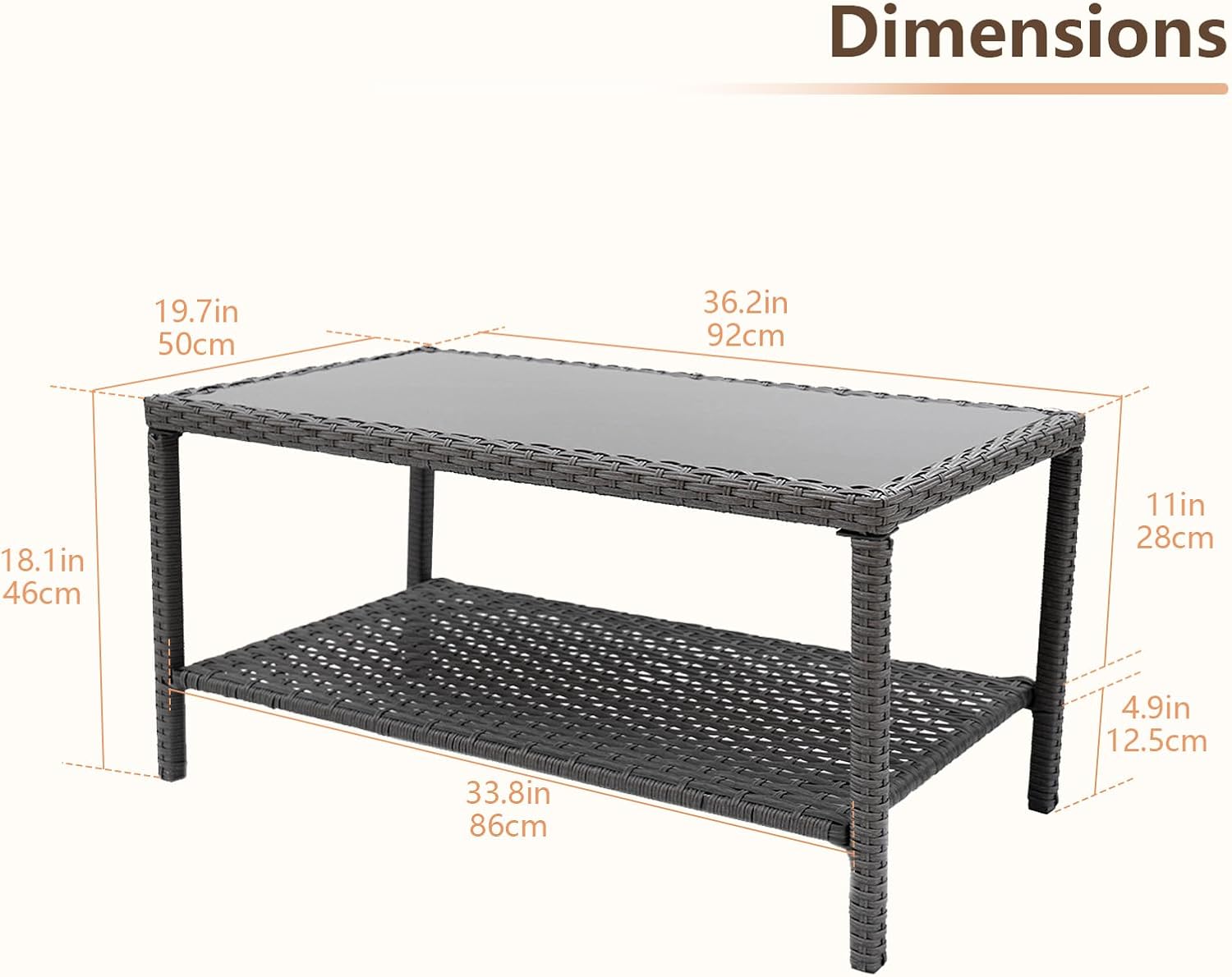 C-Hopetree Small Outdoor Coffee Side End Table for Outside Patio Storage, Gray All Weather Wicker with Glass Top, Rectangle