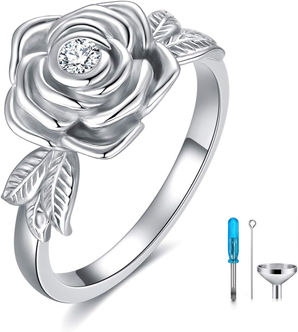 925 Sterling Silver Rose Flower Cremation Urn Ring Holds Loved Ones Ashes Cremation Keepsake Ring Jewelry Embellished with Crystals from Austria