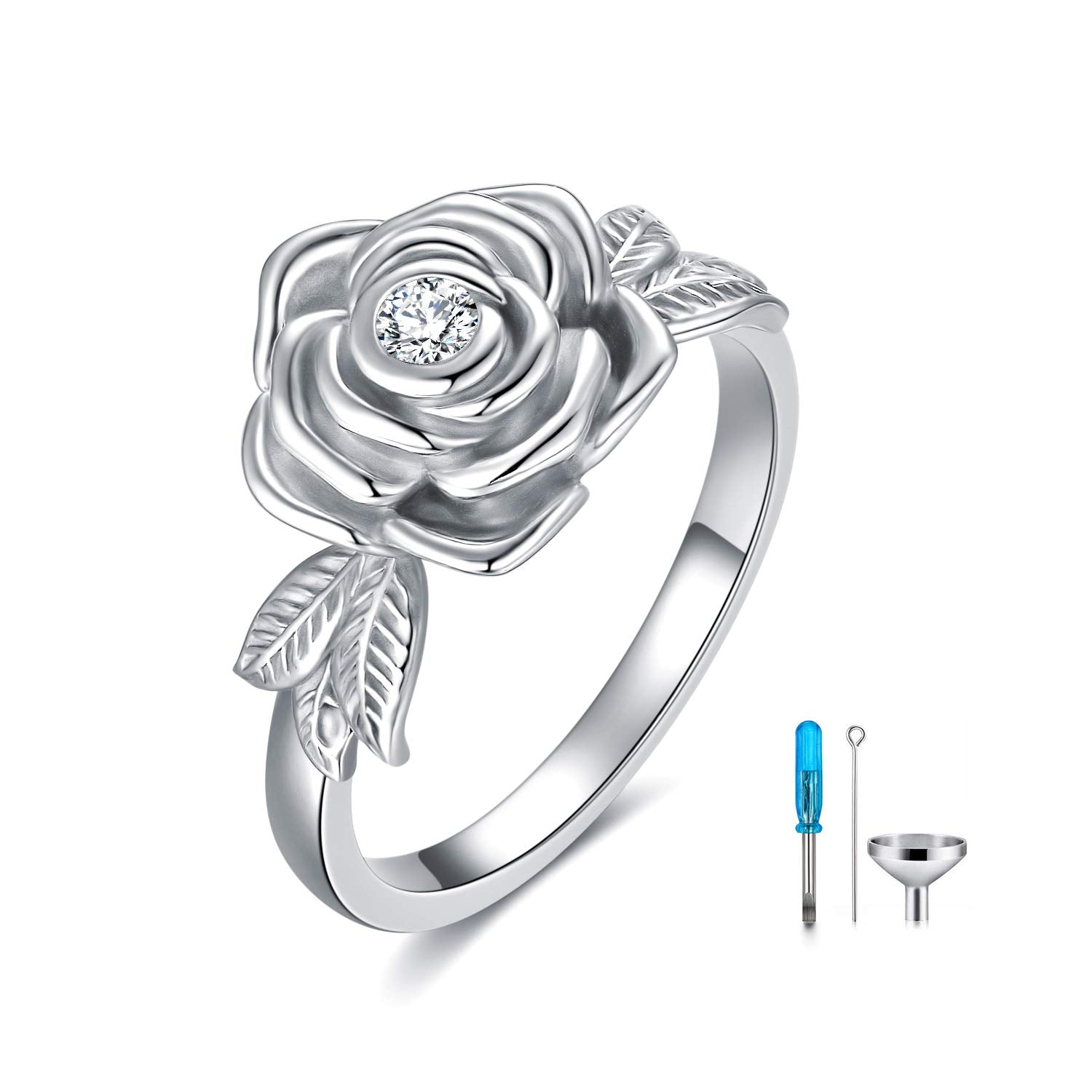 925 Sterling Silver Rose Flower Cremation Urn Ring Holds Loved Ones Ashes Cremation Keepsake Ring Jewelry Embellished with Crystals from Austria