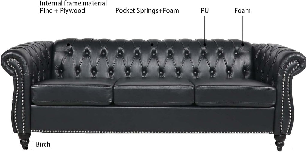 Chesterfield PU Leather Sofa, Upholstered PU Sofa with Tufted Back, Classic 3 Seater Leather Couch Rolled Arm for Living Room Office, Black