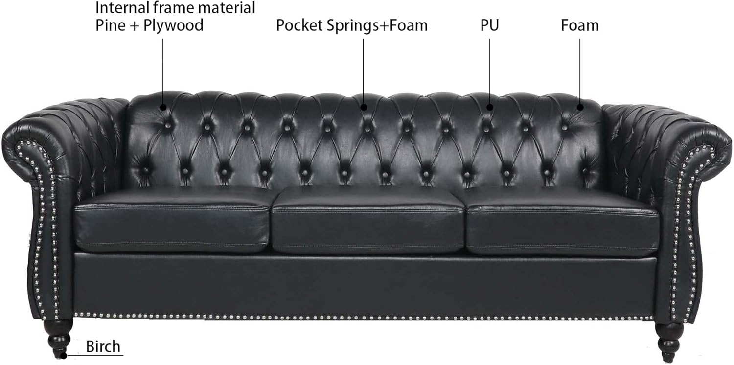 Chesterfield PU Leather Sofa, Upholstered PU Sofa with Tufted Back, Classic 3 Seater Leather Couch Rolled Arm for Living Room Office, Black