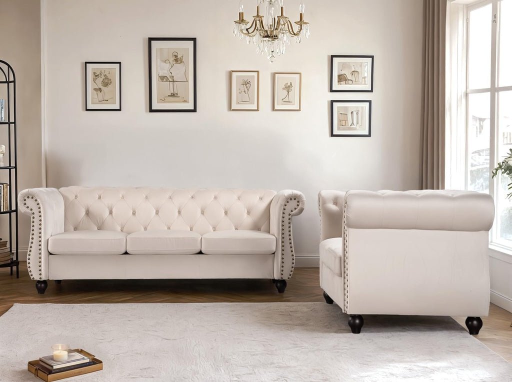 Container Furniture Velvet Chesterfield Couch, Button-Tufted Backrest, Rolled Arms, High-Density Foam with Spring Support, Elegant Accent Piece, Sofa, Dark Blue