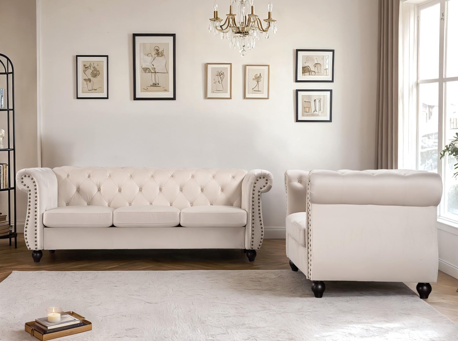 Container Furniture Velvet Chesterfield Couch, Button-Tufted Backrest, Rolled Arms, High-Density Foam with Spring Support, Elegant Accent Piece, Sofa, Dark Blue