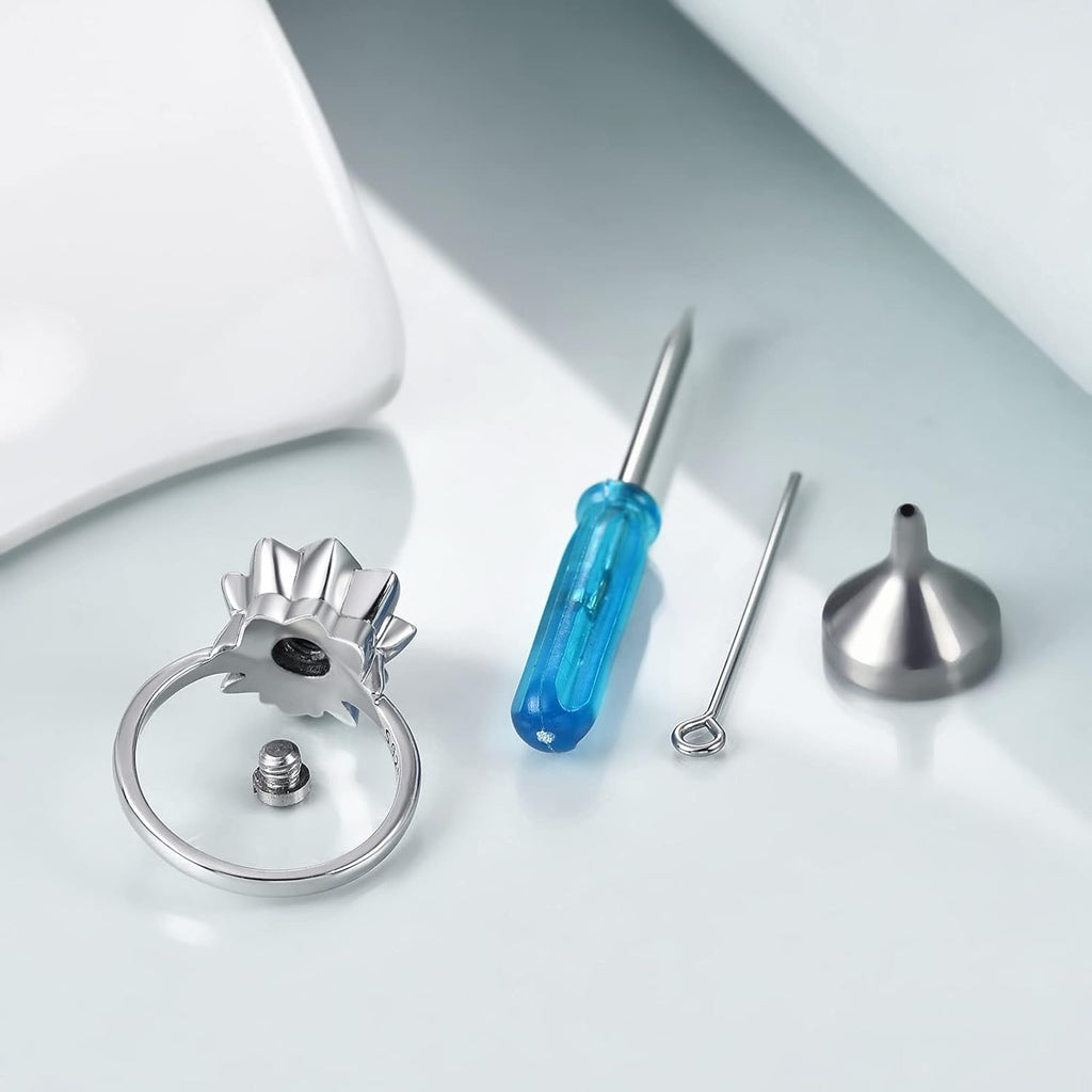 AOBOCO Lotus Urn Ring Jewelry for Ashes for Women Sterling Silver with Sapphire Blue Crystal