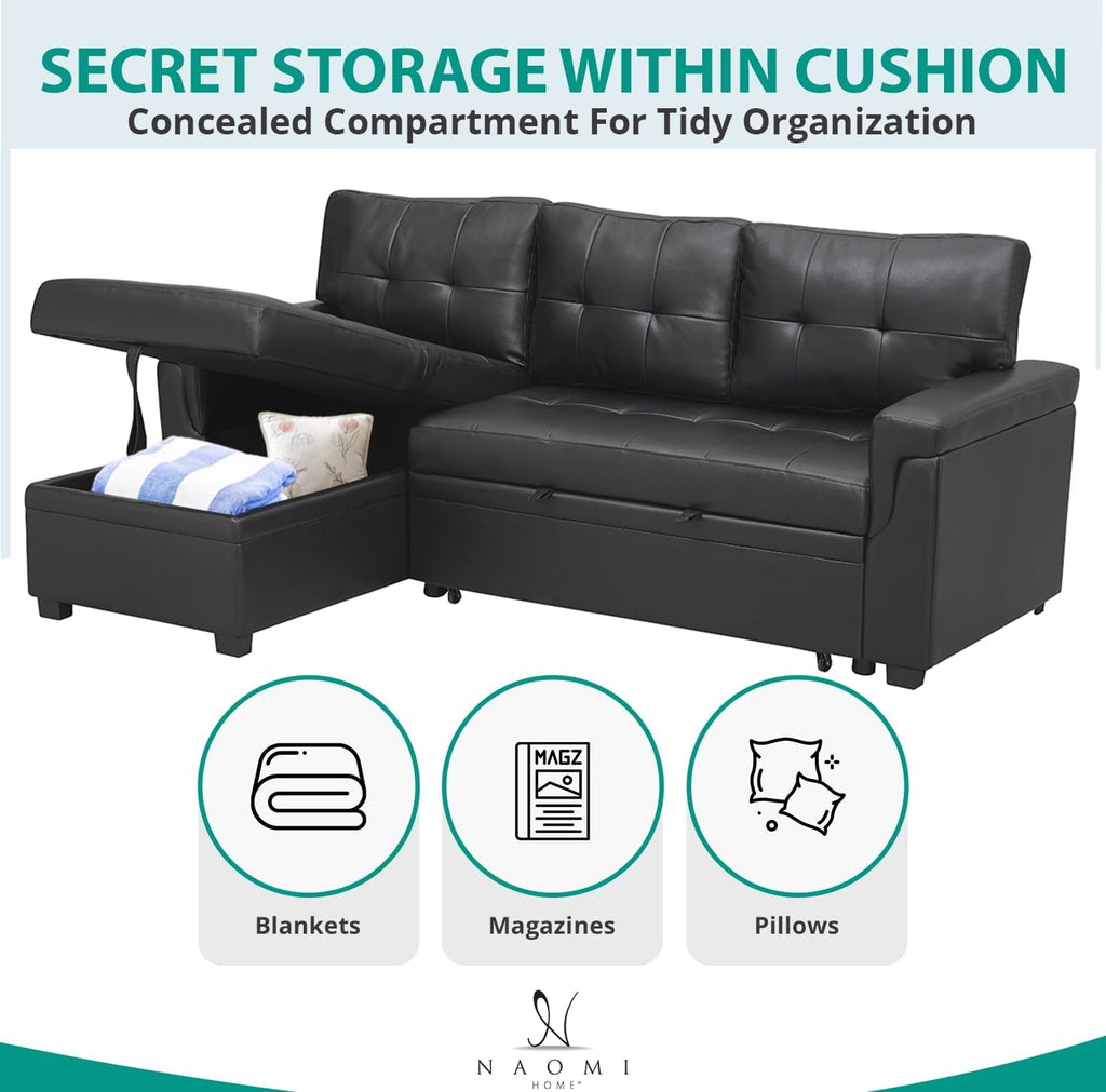 Naomi Home Jenny Sectional Sofa Sleeper with Storage Chaise, Tufted Pull Out Couch with Storage, Sectional Bed, L-Shaped Reversible Sleeper Sofa, Black,Air Leather