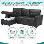 Naomi Home Jenny Sectional Sofa Sleeper with Storage Chaise, Tufted Pull Out Couch with Storage, Sectional Bed, L-Shaped Reversible Sleeper Sofa, Black,Air Leather