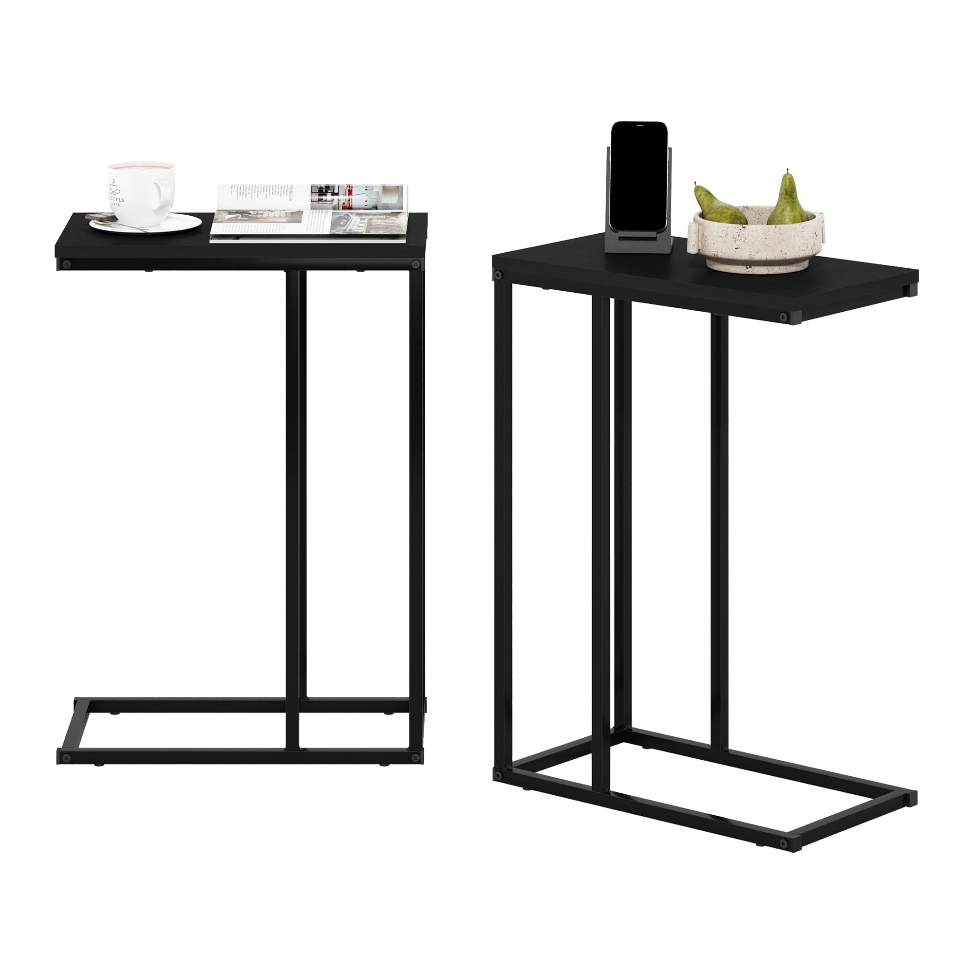 Furinno Turn-N-Tube C Shaped Side Table with Casters, Amber Pine/Black