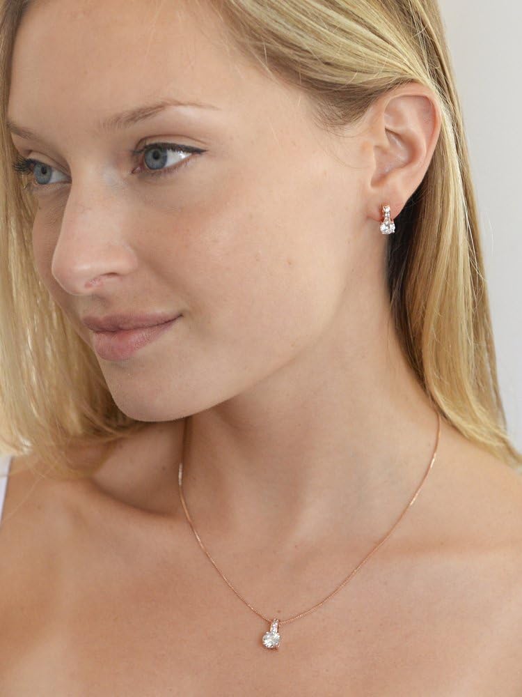 Mariell Rose Gold Round-Cut Cubic Zirconia Necklace Earrings Set for Brides, Bridesmaids & Everyday Wear