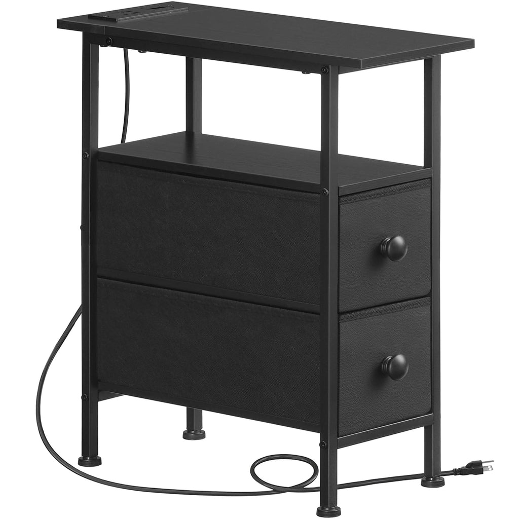 HOOBRO End Table with Charging Station, Narrow Side Table, Nightstand with 2 Non-Woven Drawers, Slim Sofa Side Table, for Small Spaces, Living Room, Bedroom, Rustic Brown and Black BF486UBZ01