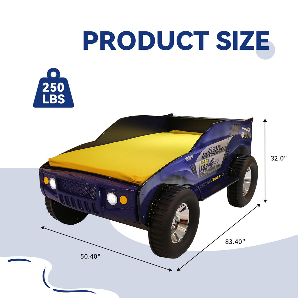 HMFULE Twin racerbilseng, trærammeseng med hjul, LED-lys og lamelsupport til børn, småbørn, teenagere, drenge, ingen boxmadras nødvendig, blå