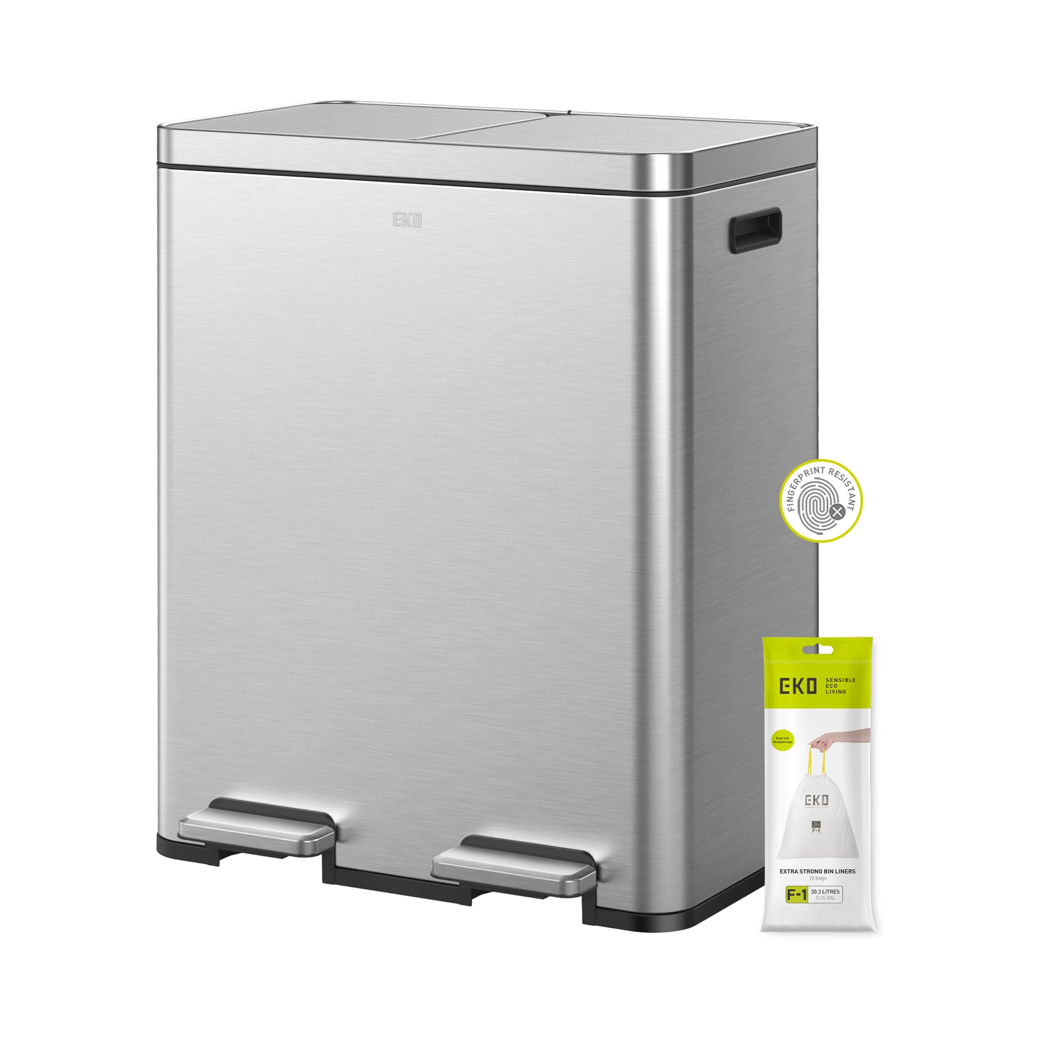 EKO EcoCasa II 36L+24L Dual Trash Can with Recycle Bin, Stainless Steel Garbage Can with Lid, Deodorizer Compartment, Odor-Proof and Fingerprint Resistant
