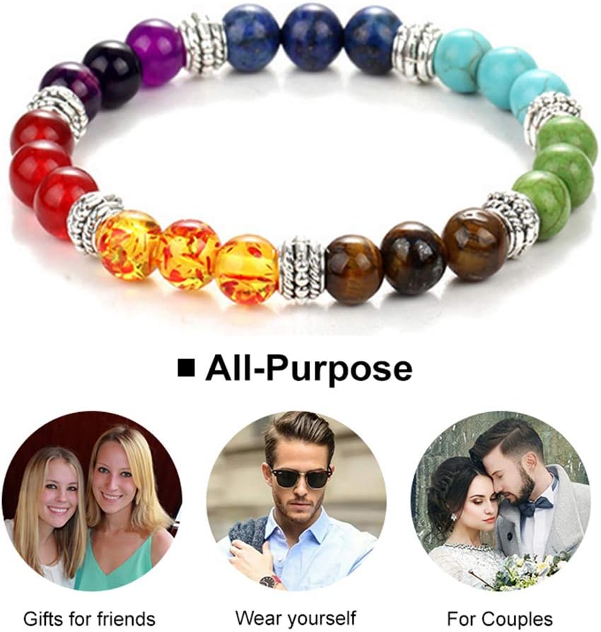 Black Lava Stone 7 Chakra Bracelets, 8mm Yinyang Rock Bead Elastic Natural Gemstones Oil Diffuser Yoga Menditation Beads Bracelets for Men Women Girls Jewelry (6pcs)