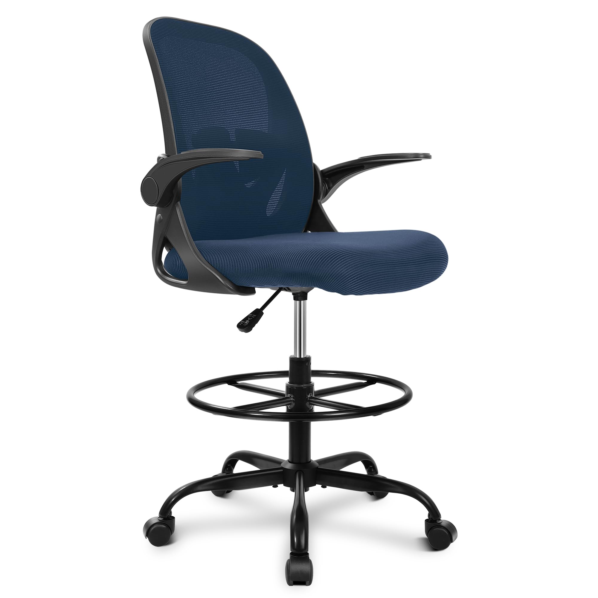Primy Drafting Chair Tall Office Chair with Flip-up Armrests Executive Ergonomic Computer Standing Desk Chair with Lumbar Support and Adjustable Footrest Ring (Black)