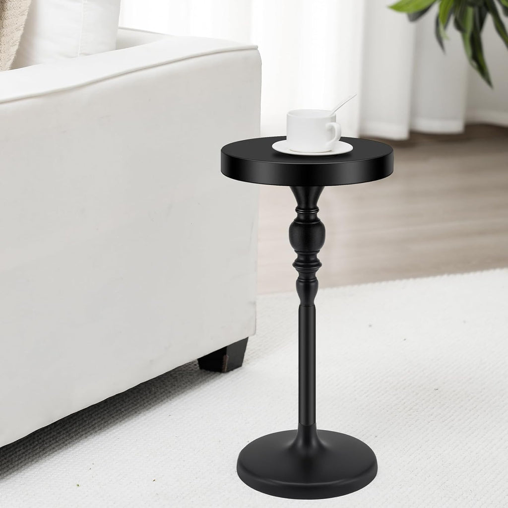 Black Metal Martini Table 9.5 x 9.5 x 20.5 Inches Round Drink Tables Decorative Pedestal Side Desk for Small Spaces Cocktail Drink Holder Stand Small End Shelf for Living Room Bedroom