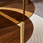 Round Coffee Table, Mid-Century Modern Design, D30 x H17, for Living Room, 2-Tier Structure, Amber Glass Top and Walnut MDF Shelf, Sleek Conical Metal Legs with Gold Finish