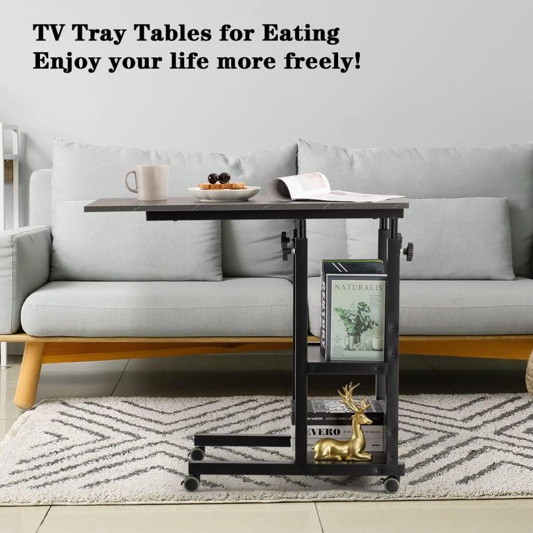 Hadulcet C Shaped Side Table Adjustable, Height Adjustable C Table with Wheels and Storage Shelves for Couch Bed Recliner Dark Grey