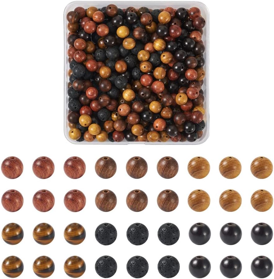 KISSITTY 300Pcs 6 Style Natural Wood Round Gemstone Beads Kit for Easter 8mm Lava Rock Beads & Grade AB Tiger Eye Wood Beads Natural Polished Wooden Ball Loose Beads for Men Bracelet Jewelry Making