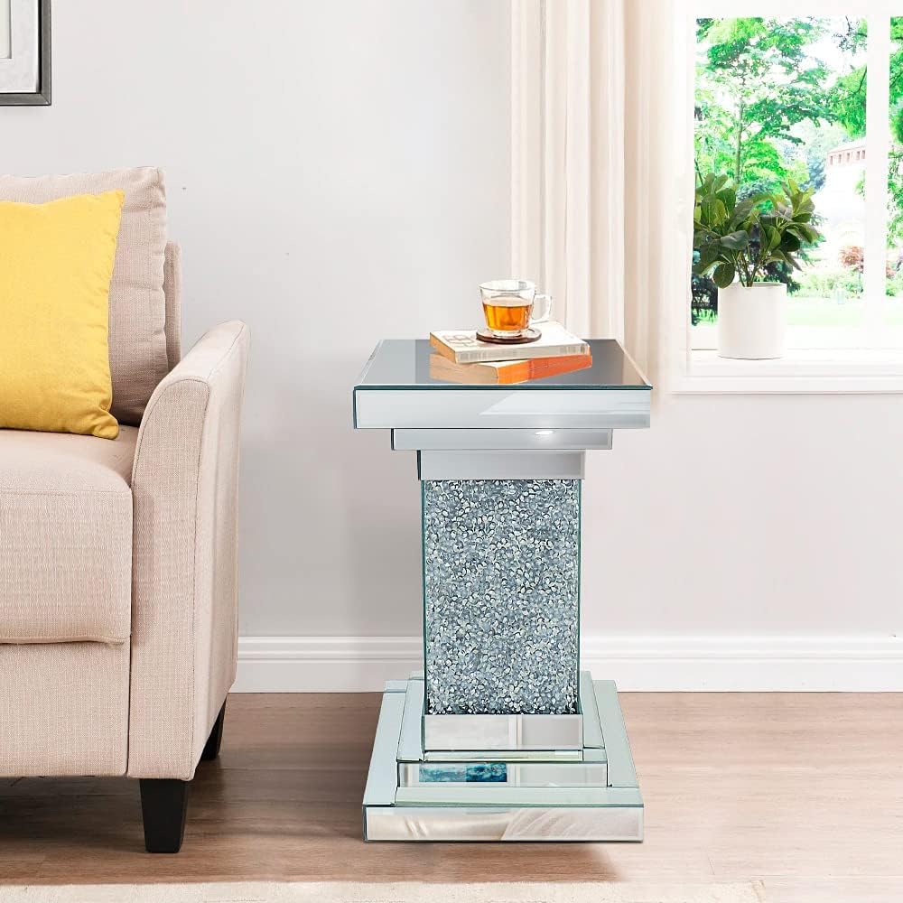 Pregaspor Silver Mirrored End Table, Square Side Table With Crystal Inlay, Modern Gorgeous Coffee Table for Living Room Bedroom