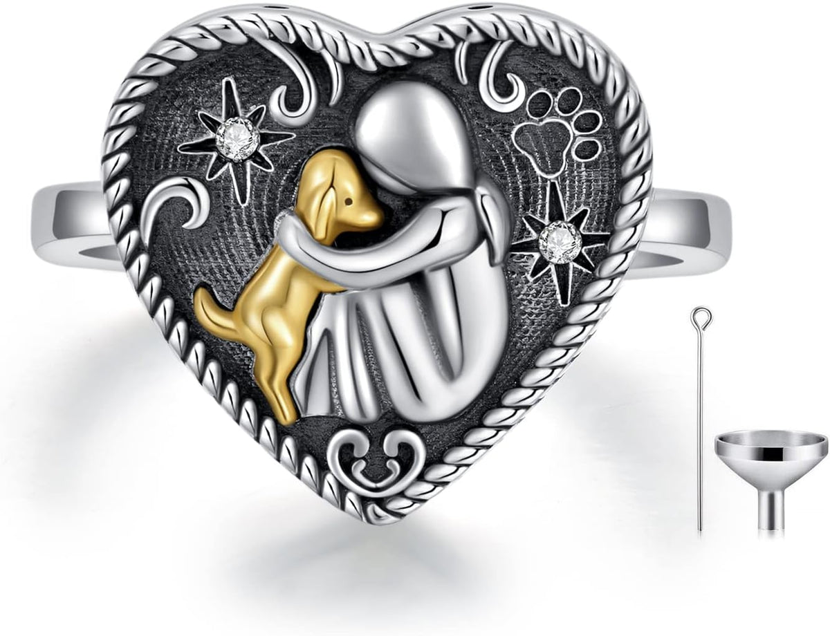 AOBOCO Sterling Silver Dog Urn Ring for Ashes, Dog Memorial Keepsake Cremation Jewelry Gifts for Dog Lovers Women
