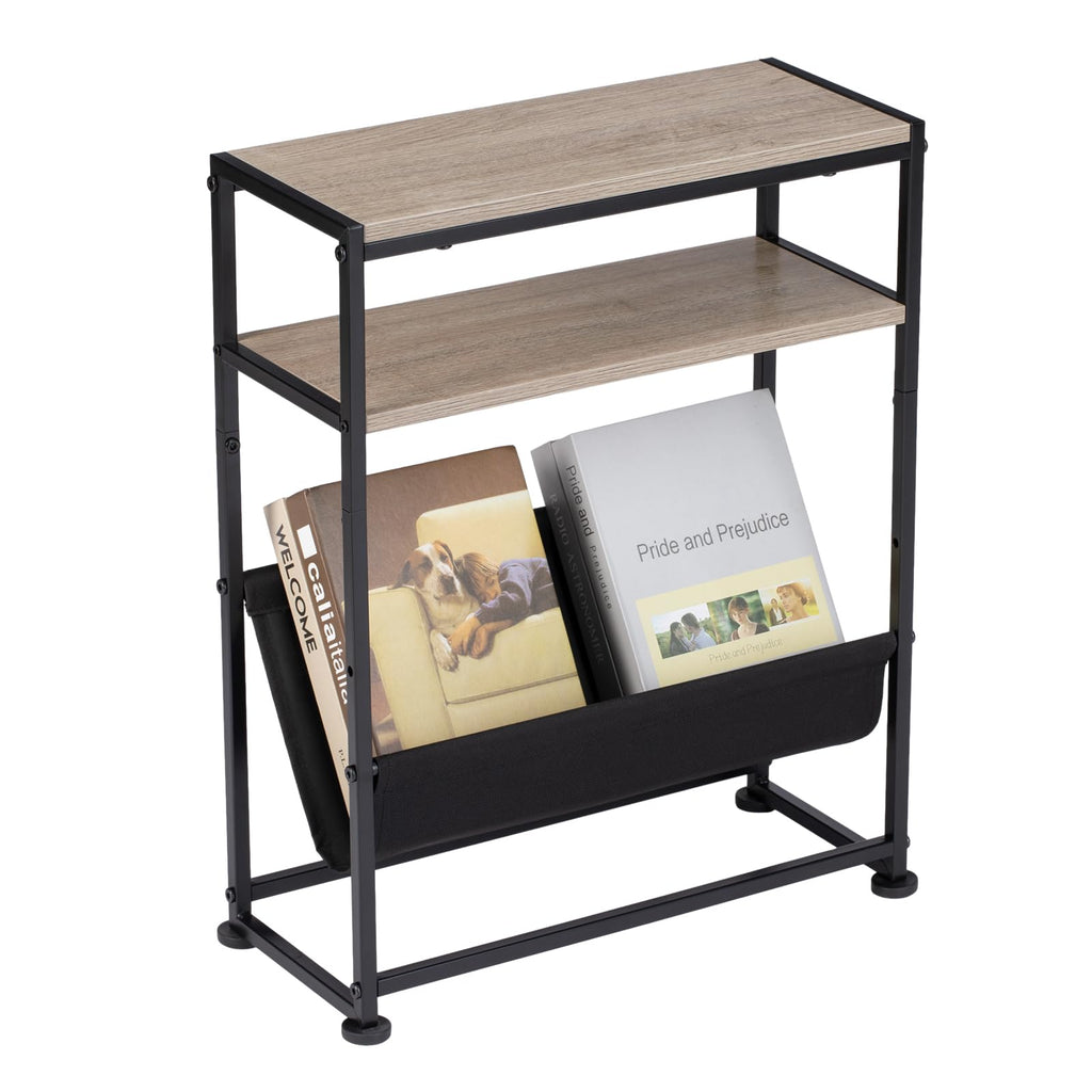 Narrow End Table for Small Spaces - Slim Side Table with Magazine Holder,2 in 1 Design Narrow Coffee Table Living Room,Skinny Bedroom Nightstand Thin Side Magazine Table,Black