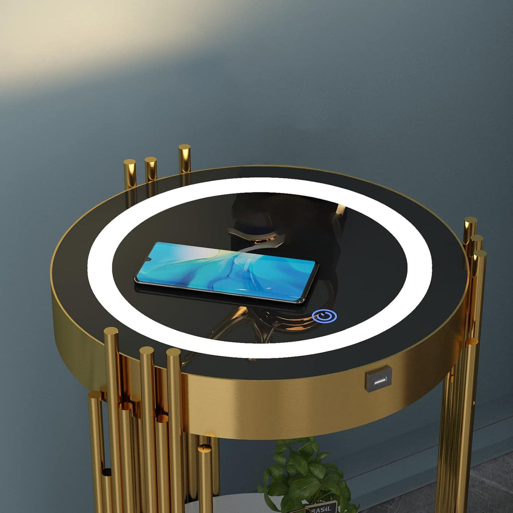 Gold Led Smart Round Nightstand with Drawer,Sofa Narrow End Table with Wireless Charging Station,Small Spaces Coffee Table/Bedside Table/Unique Accent Side Table