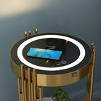 Gold Led Smart Round Nightstand with Drawer,Sofa Narrow End Table with Wireless Charging Station,Small Spaces Coffee Table/Bedside Table/Unique Accent Side Table
