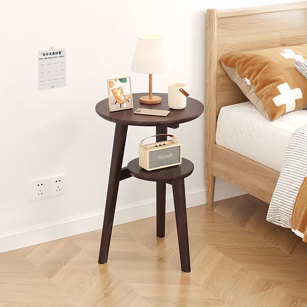Solid Wood Round Side Table with 2 Open Shelves – Decorative Nightstand & Coffee Table for Bedroom, Living Room, or Study(Brown)