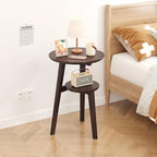 Solid Wood Round Side Table with 2 Open Shelves – Decorative Nightstand & Coffee Table for Bedroom, Living Room, or Study(Brown)