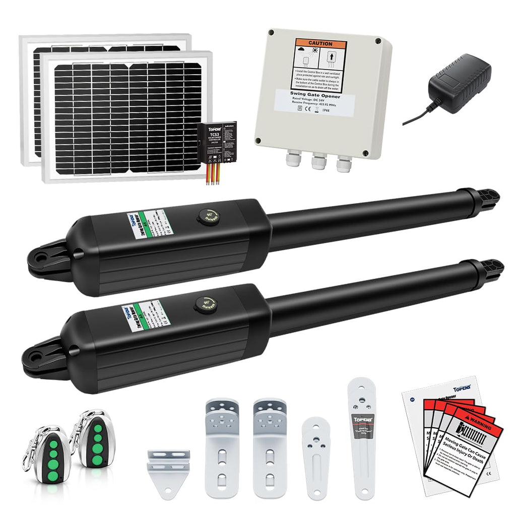 TOPENS AD8S Automatic Solar Gate Opener for Heavy Duty Dual Swing Gates Up to 18ft per Arm, Dual Swing Gate Operator Battery Powered with Remote Control Kit Gate Motor Solar Panel Included